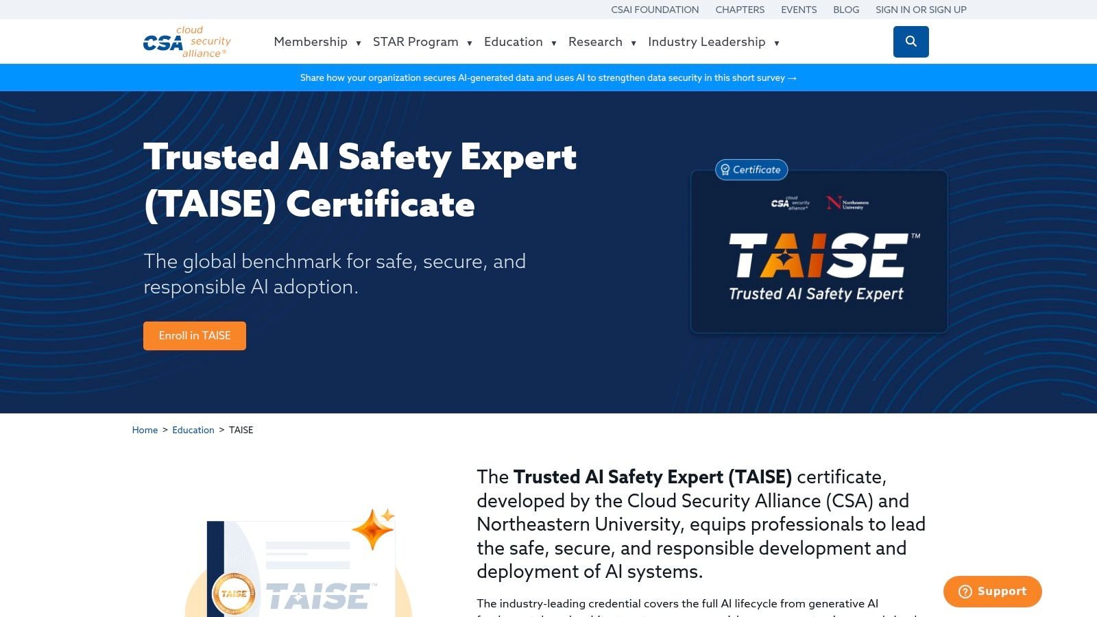 Cloud Security Alliance Trusted AI Safety Expert (TAISE) Certificate