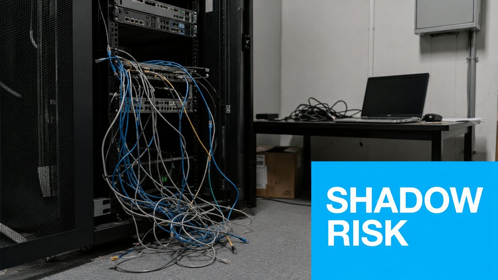 A messy server rack with tangled cables sitting next to a laptop on a desk.