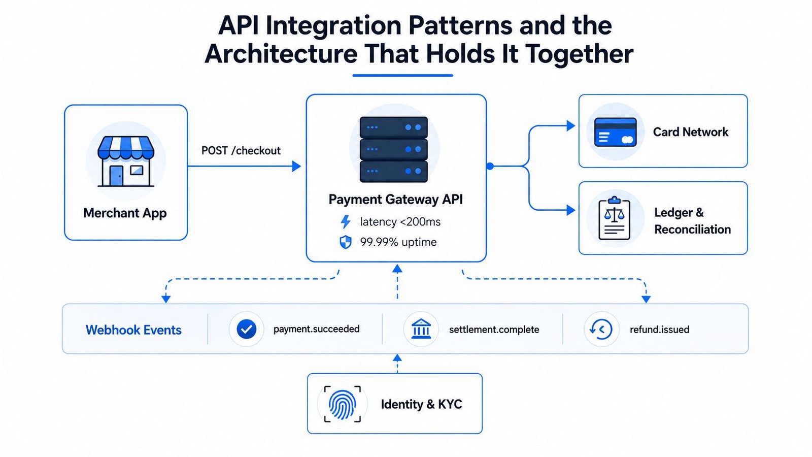 A diagram illustrating an API integration architecture for payment gateway processing, including webhooks and third-party systems.
