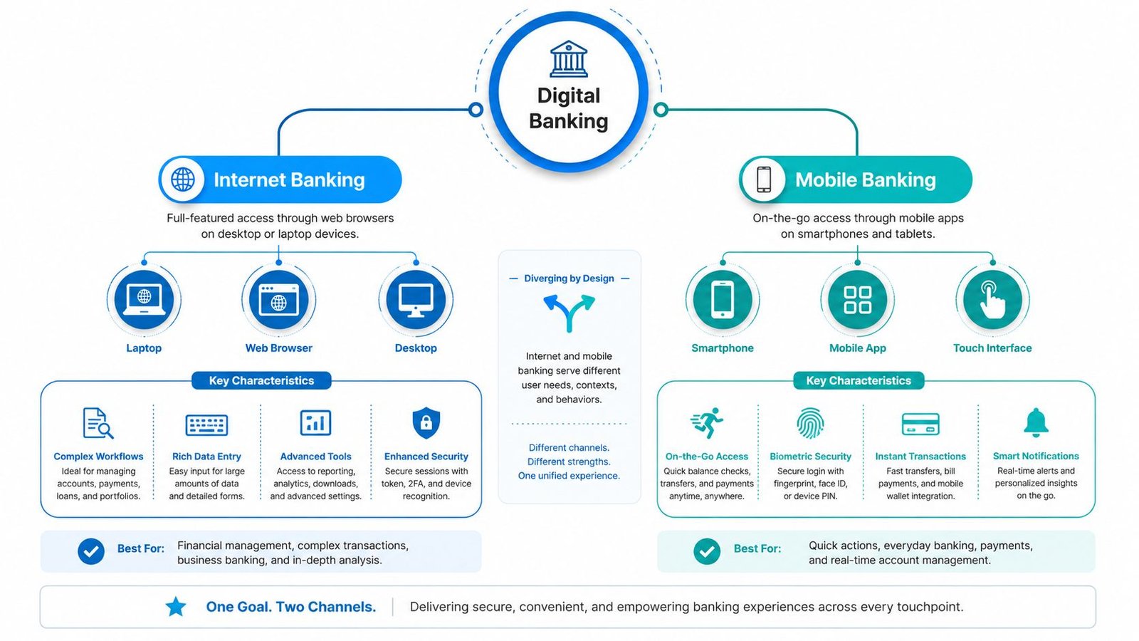 A diagram comparing internet banking and mobile banking, detailing their features, key characteristics, and best use cases.