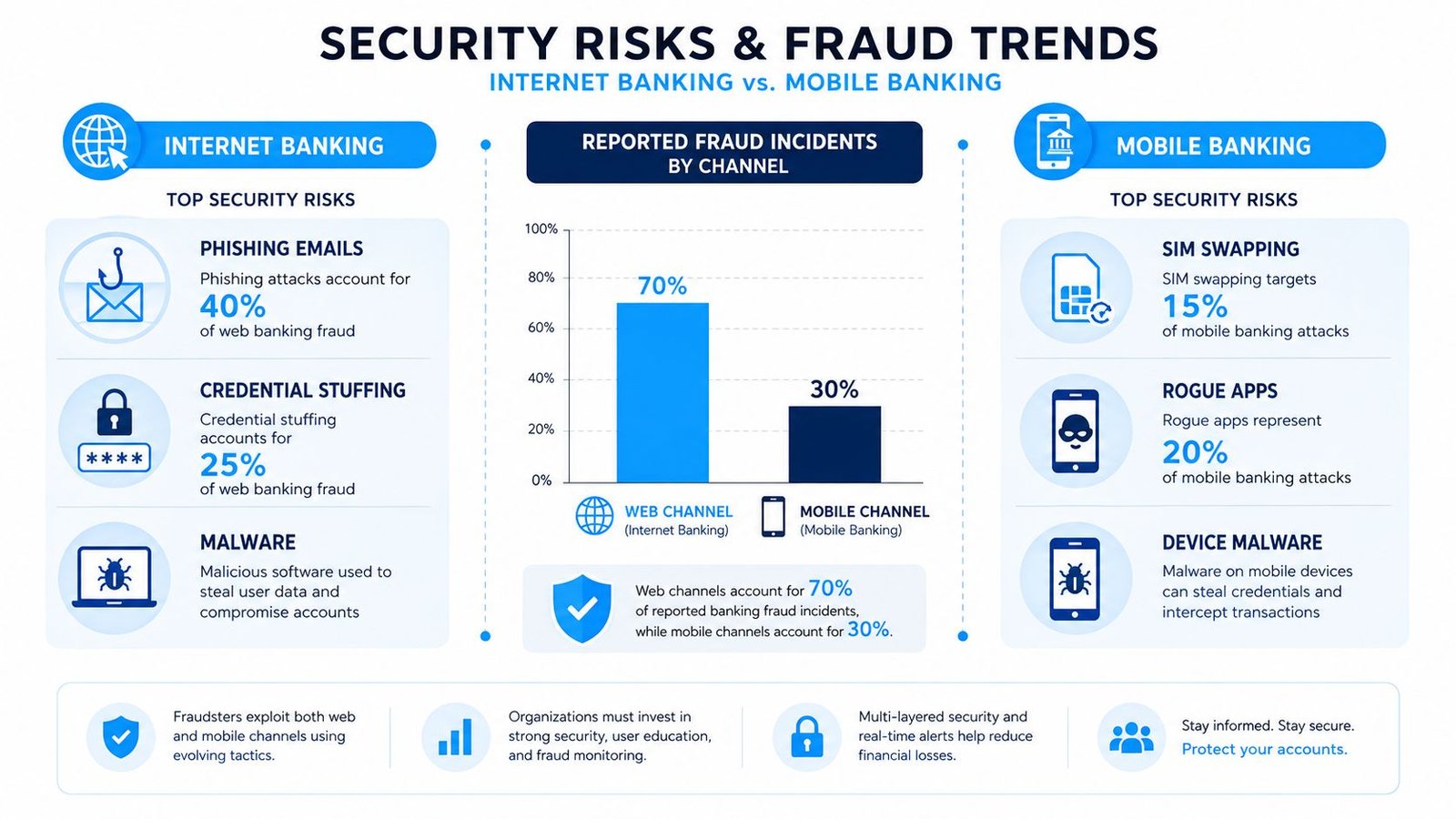 An infographic comparing security risks and fraud trends between internet banking and mobile banking channels.