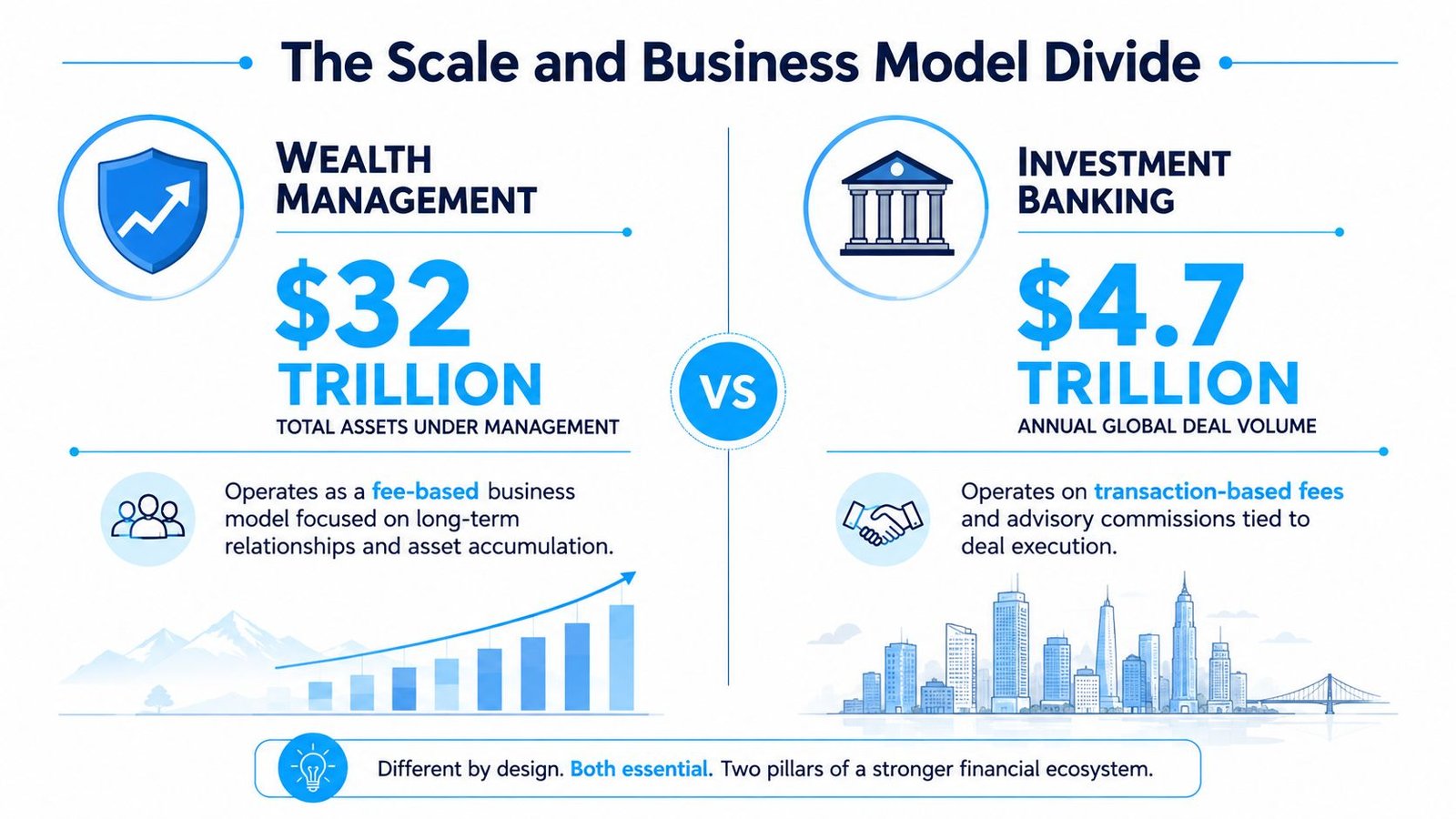 An infographic comparing the scale and business models of Wealth Management versus Investment Banking in finance.