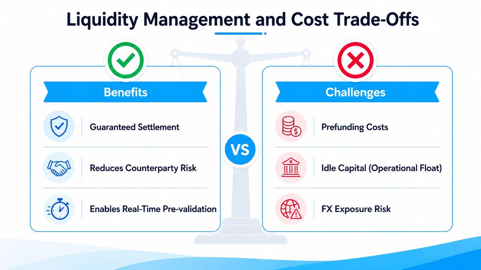 A comparison chart showing the benefits and challenges of liquidity management for financial transactions and global settlements.