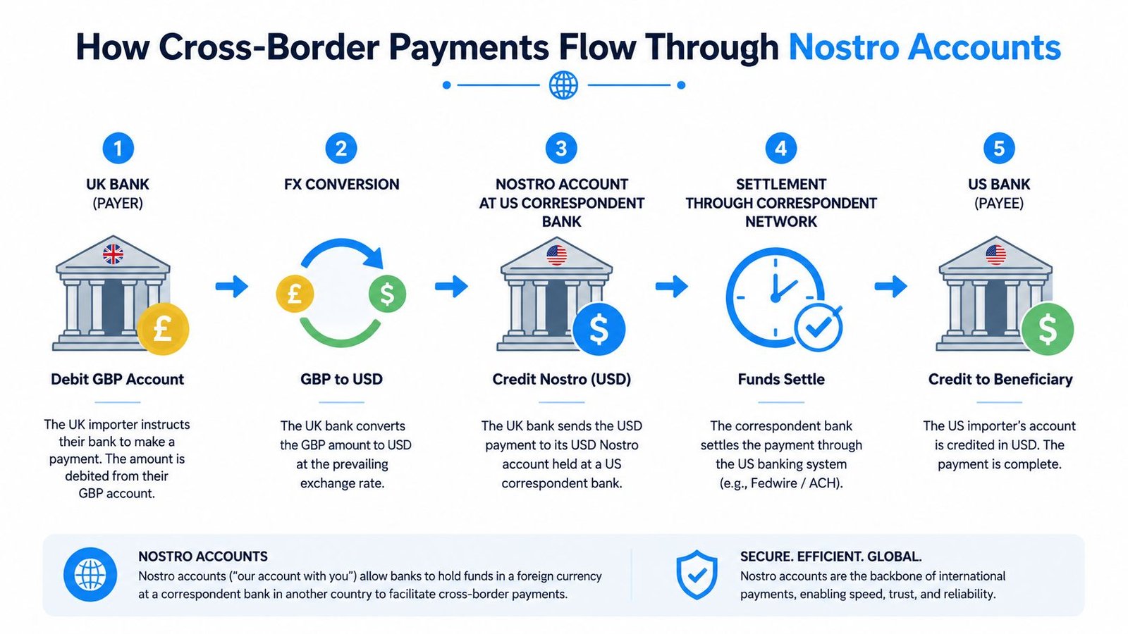 A diagram illustrating the five-step process of how cross-border payments flow through nostro bank accounts.