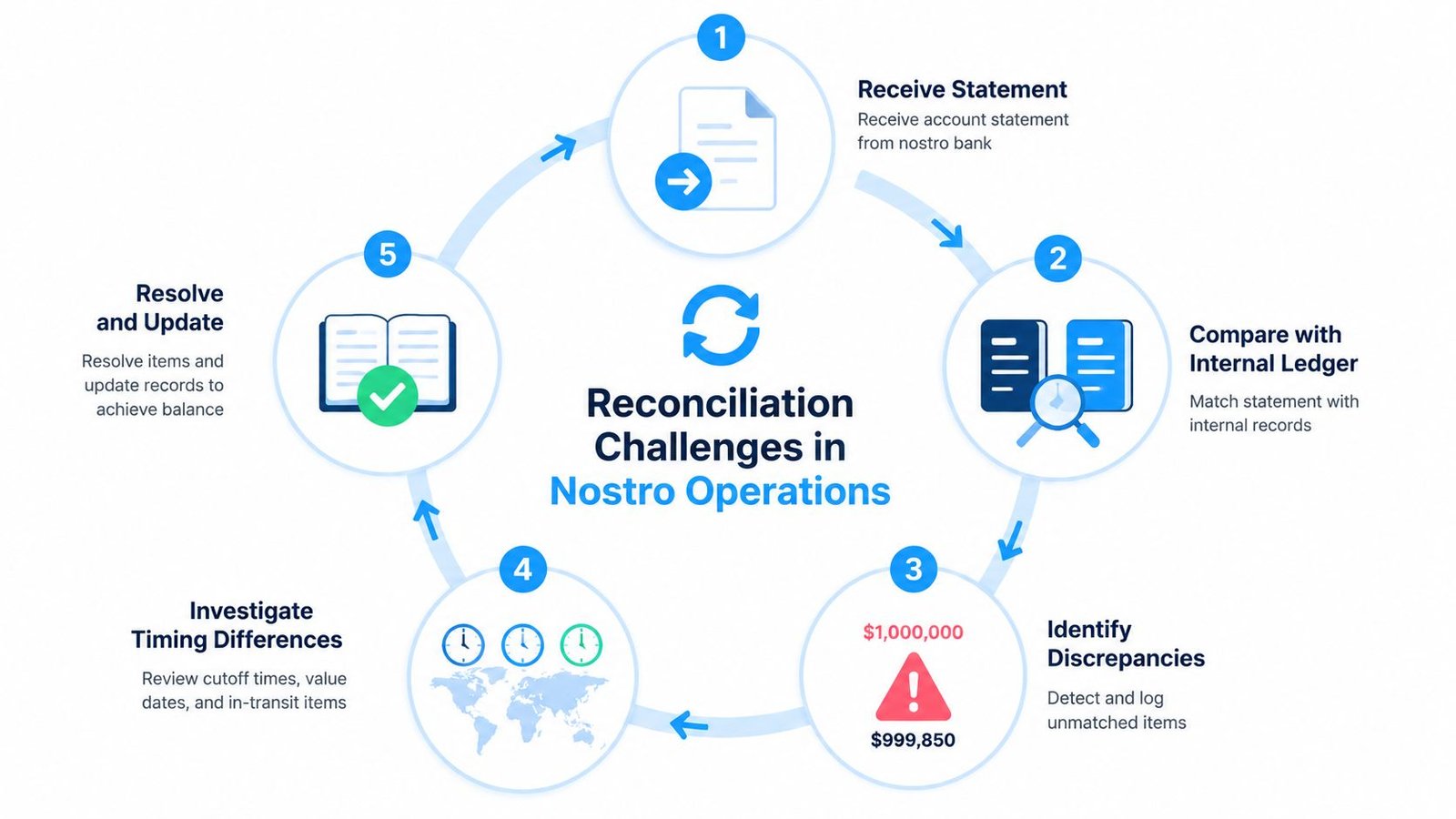 A circular infographic illustrating the five-step process of reconciliation challenges in nostro bank operations.